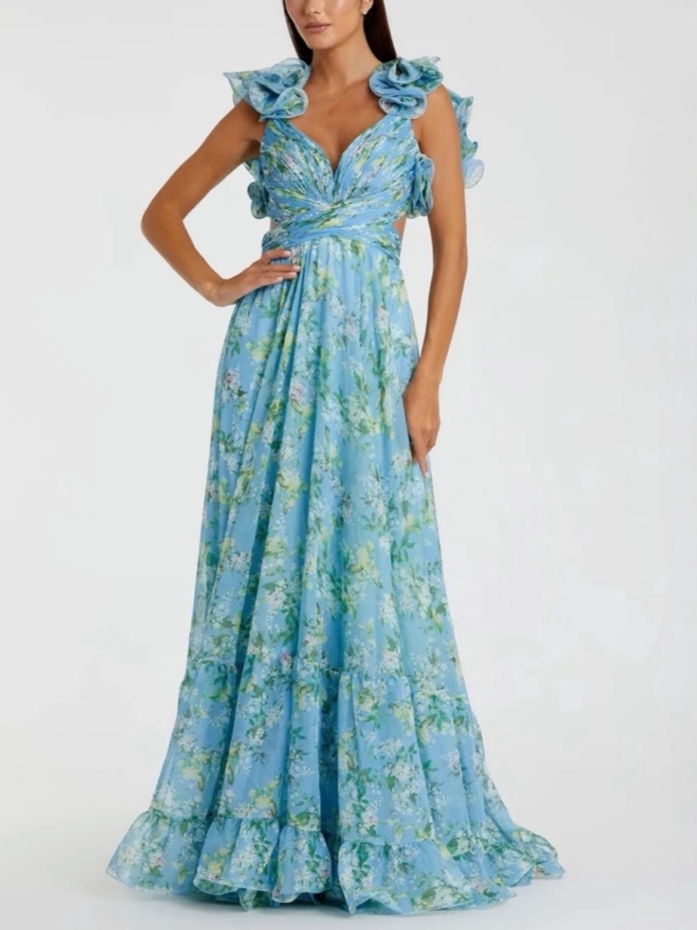 NWT Mac Duggal Blue Ruffle Tiered Floral Cut-Out Chiffon Gown reg $398 size 6 - Picture 8 of 16